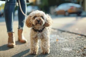 AI generated Woman Takes Her Adorable Dog for a Walk in Street Park photo