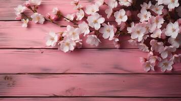 ai generado rosado de madera tableros con rosado flores antecedentes foto