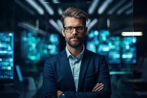 AI generated Male IT specialist in server room photo