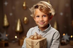 AI generated Joyful Celebration. Happy Boy with Gift Box on a Holiday photo