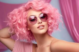 AI generated Young Happy Woman with Pink Hair and Sunglasses on Pink Towel photo