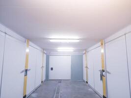 Corridor room of modern hatchering machine on industrial hatchery farm. photo