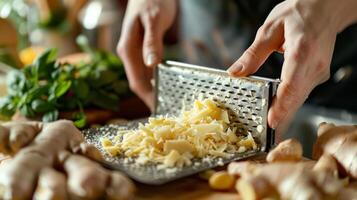 AI generated Kitchen counter with hands grating fresh ginger for a recipe. photo
