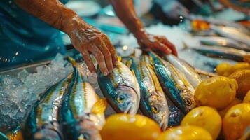 ai generado pescado mercado con manos seleccionando un Fresco captura de el día. foto