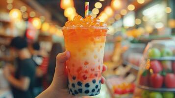 AI generated Bubble tea shop with hands holding a colorful cup of tapioca pearls photo