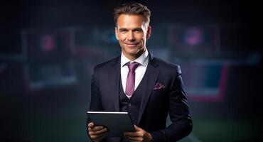 AI generated Male Sports Analyst with Clipboard on Light Background photo