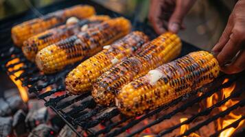 ai generado barbacoa fiesta con manos interrogatorio intenso y mantequilla maíz en el mazorca. foto