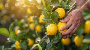 AI generated Lemon grove with hands picking a fresh lemon from a branch. photo
