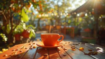 AI generated Cafe patio enjoying a warm cup of coffee in the morning sun. photo