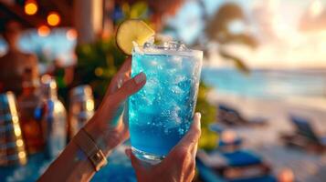 ai generado junto a la playa con manos participación un vívido azul cóctel foto