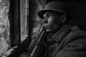 ai generado un emocional foto de un soldado desde el segundo genial guerra un trágico tiempo de guerra experiencia, un convincente retrato reflejando el profundidad de sufrimiento y heroísmo en el dificil para libertad.