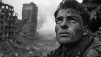 AI generated Poignant wartime portrait, sacrifice and bravery in a soldier's emotional photograph from the second great war, a powerful depiction of human toll and resilience amidst fight for liberty photo