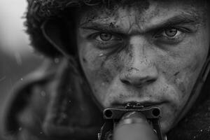 AI generated Poignant wartime portrait, sacrifice and bravery in a soldier's emotional photograph from the second great war, a powerful depiction of human toll and resilience amidst fight for liberty photo