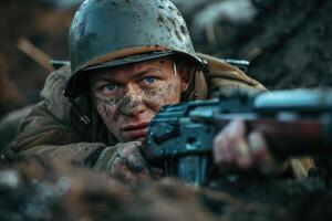 ai generado un emocional foto de un soldado desde el segundo genial guerra un trágico tiempo de guerra experiencia, un convincente retrato reflejando el profundidad de sufrimiento y heroísmo en el dificil para libertad.