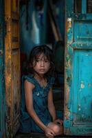 ai generado retrato de un huérfano, vida, luchas, y Resiliencia de un niño sin padres, navegando mediante retos con esperanza y determinación en un mundo de incertidumbre foto