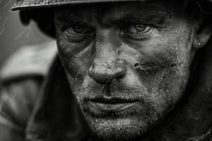 ai generado un emocional foto de un soldado desde el segundo genial guerra un trágico tiempo de guerra experiencia, un convincente retrato reflejando el profundidad de sufrimiento y heroísmo en el dificil para libertad.