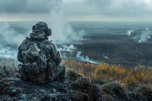 ai generado guerra, un momento congelado en el marco, el alma es tocado por temor y dolor foto