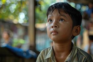 ai generado retrato de un huérfano, vida, luchas, y Resiliencia de un niño sin padres, navegando mediante retos con esperanza y determinación en un mundo de incertidumbre foto