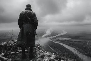 ai generado un emocional foto de un soldado desde el segundo genial guerra un trágico tiempo de guerra experiencia, un convincente retrato reflejando el profundidad de sufrimiento y heroísmo en el dificil para libertad.