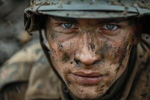 ai generado un emocional foto de un soldado desde el segundo genial guerra un trágico tiempo de guerra experiencia, un convincente retrato reflejando el profundidad de sufrimiento y heroísmo en el dificil para libertad.