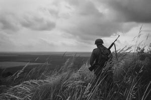 ai generado un emocional foto de un soldado desde el segundo genial guerra un trágico tiempo de guerra experiencia, un convincente retrato reflejando el profundidad de sufrimiento y heroísmo en el dificil para libertad.