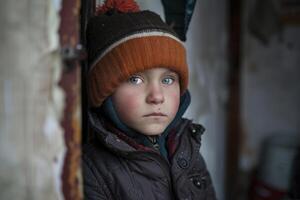 ai generado retrato de un huérfano, vida, luchas, y Resiliencia de un niño sin padres, navegando mediante retos con esperanza y determinación en un mundo de incertidumbre foto