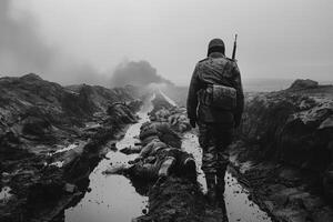 ai generado conmovedor tiempo de guerra retrato, sacrificio y valentía en un de soldado emocional fotografía desde el segundo genial guerra, un poderoso representación de humano Peaje y Resiliencia en medio de lucha para libertad foto