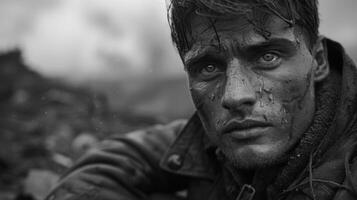 ai generado un emocional foto de un soldado desde el segundo genial guerra un trágico tiempo de guerra experiencia, un convincente retrato reflejando el profundidad de sufrimiento y heroísmo en el dificil para libertad.