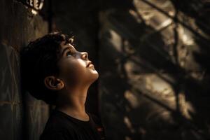 ai generado retrato de un huérfano, vida, luchas, y Resiliencia de un niño sin padres, navegando mediante retos con esperanza y determinación en un mundo de incertidumbre foto