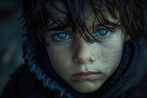 AI generated Portrait of an orphan, life, struggles, and resilience of a child without parents, navigating through challenges with hope and determination in a world of uncertainty photo