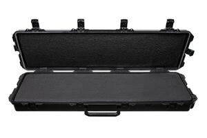 Large modern black case for storing and transporting weapons. Suitcase on wheels with soft foam inside for safe transportation of weapons. Container for rifles and shotguns. photo