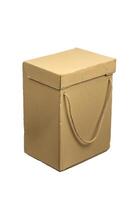 Rectangular cardboard box with rope lid and handles. Closed box isolate on a white back photo