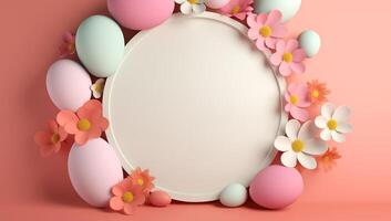 AI generated Easter composition of eggs and flowers. Place for text. Pastel colors and light back. Ai. Ai generated. photo