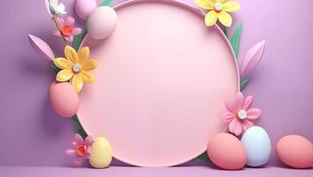 AI generated Easter composition of eggs and flowers. Place for text. Pastel colors and light back. Ai. Ai generated. photo