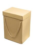 Rectangular cardboard box with rope lid and handles. Closed box isolate on a white back photo