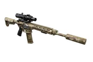 A modern carbine with an optical sight and a silencer. Weapons in camouflage coloring. Isolated on white back photo