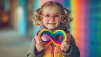 ai generado linda pequeño niña es participación arco iris infinito símbolo. neurodiversidad conciencia concepto foto