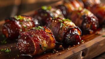 AI generated Dates wrapped in bacon, a delightful combination of sweetness and savory flavors photo