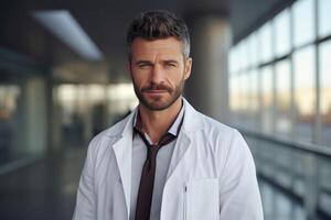 AI generated Portrait of serious male doctor in white coat standing in hospital corridor photo