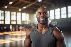 ai generado contento negro hombre en un baloncesto Corte foto