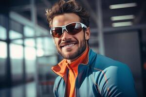 AI generated Male Cyclist with Bike and Sunglasses photo