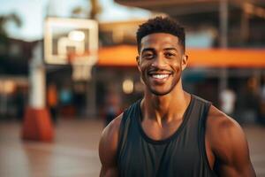 ai generado contento negro hombre en un baloncesto Corte foto
