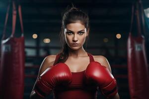 AI generated Boxer Woman with Boxing Gloves in the Gym photo