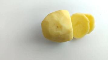 stop motion, the potatoes are peeled and then cut into pieces video