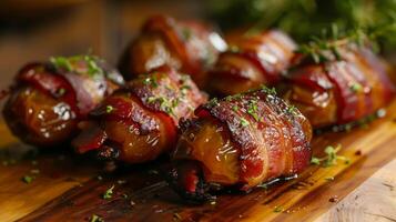 AI generated Dates wrapped in bacon, a delightful combination of sweetness and savory flavors photo