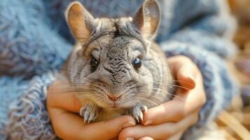 AI generated Petting zoo with hands gently stroking the soft fur of a chinchilla photo