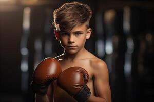 ai generado determinado joven Boxer en el anillo. niños boxeo foto