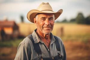 ai generado masculino granjero en el granja o rural ajuste foto