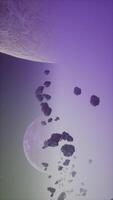 a large cluster of asteroids near an unknown planet, vertical video