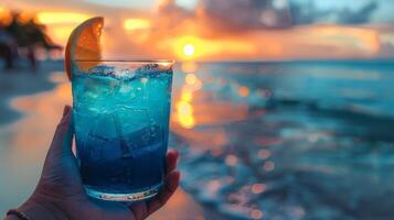 AI generated Beachside with hands holding a vivid blue cocktail photo